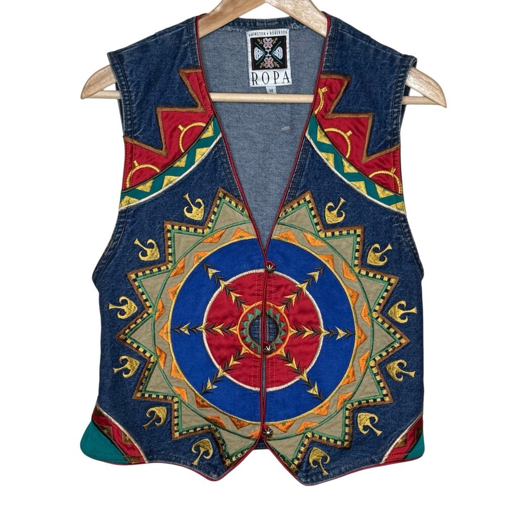 Hairston Roberson Ropa Santa Fe Style Southwestern Embroidered Denim Vest Vtg